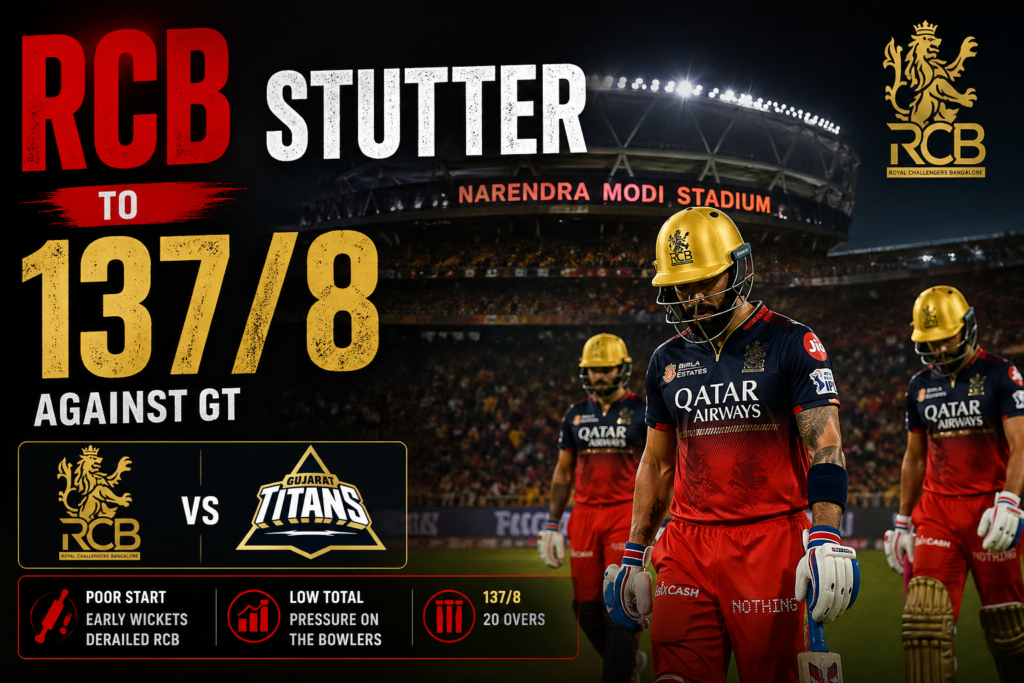 "IPL 2026 live match graphic for RCB vs GT at Narendra Modi Stadium, Ahmedabad, dated 30 April 2026. RCB are batting at 137 for 8 after 17.1 overs at a run rate of 7.96, with 3 overs remaining.